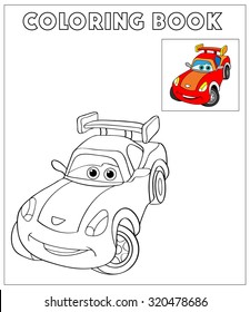 Cute Car, Coloring Page Illustration. Coloring Book Outdoor Sport Theme. Red Funny Car Isolated On White Background. Eps10 Vector Illustration.