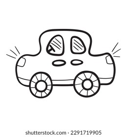 Cute car in doodle sketch lines. Cartoon childish style. Hand drawn vector illustration isolated on white background.
