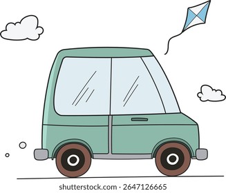Cute car hand drawn doodle illustration cartoon isolated vector. Clip art of car traveling transportation with cloud and kite element 