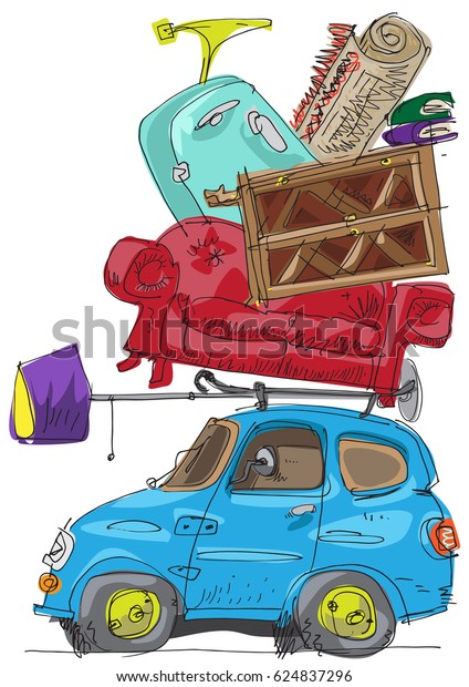 A cute car with huge pile of furniture on its\
roof. Move concept. Cartoon.