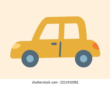 Cute Car Icon. Yellow Vehicle On Beige Background, Map Piece. Educational Materials For Children, Training And Learning. Travel, Vacation Symbol. Poster Or Banner. Cartoon Flat Vector Illustration