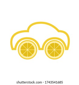 Cute car with lemon fruit wheels. 
Flat cartoon style vector illustration. Funny healthy juicy fruity transport