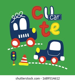 cute car on the road funny cartoon,vector illustration
