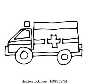 Cute car with outlined for coloring book isolated on a white background. Vector illustration of hand drawn black and white cars. Ambulance.	