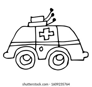 Cute car with outlined for coloring book isolated on a white background. Vector illustration of hand drawn black and white cars. Ambulance.	