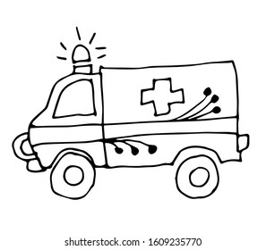 Cute car with outlined for coloring book isolated on a white background. Vector illustration of hand drawn black and white cars. Ambulance.	