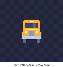 Cute car. School bus. Pixel art flat style. Logo taxi, transport company. Icon for websites, web design, mobile app. 8-bit sprite. Game assets. Isolated vector illustration. 