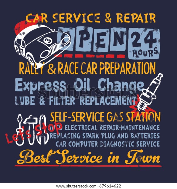 Cute car service and\
repair gasoline station. vector print for children wear grunge\
effect in separate layer