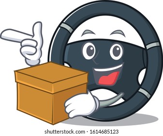 Cute car steering cartoon character having a box