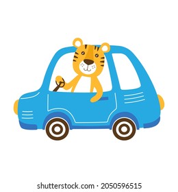 cute car with tiger as driver is driving, vector illustration in cartoon style for children, isolated funny poster with animal on white background, cute baby print