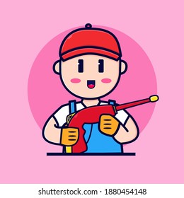  cute car washer carrying a car washer and wearing a red hat for mascot or logo design vector