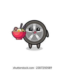 cute car wheel character eating noodles , cute style design for t shirt, sticker, logo element