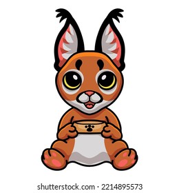 Cute Caracal Cat Cartoon Holding Food Bowl