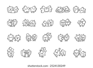 Cute carambola couple. Coloring Page. Adorable cartoon fruit character. Hand drawn style. Vector drawing. Collection of design elements.