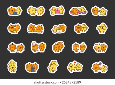 Cute carambola couple. Sticker Bookmark. Adorable cartoon fruit character. Hand drawn style. Vector drawing. Collection of design elements.