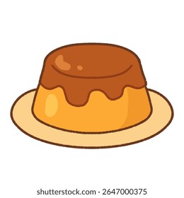 Ilustração de pudim de caramelo bonito em estilo cartoon, servido em um pequeno prato. Desenhado à mão em tons quentes de amarelo e marrom