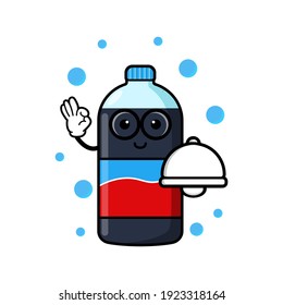 Cute carbonated bottle cartoon mascot character with funny expression holding food cloche