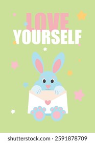  Cute card about self-love with a bunny holding a love card letter. Poster for Valentine's Day. Color vector illustration in pastel colors in flat style. 