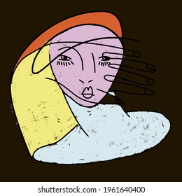 Cute card abstract face one line drawing. Contemporary silhouette of woman. Portrait minimalistic style. Pastel colors. Hand drawn trendy vector illustrations for print.