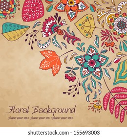 Cute card with abstract flowers and leaves on vintage background with space for your text.