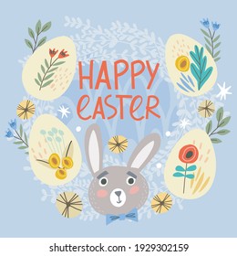 Cute card with adorable Rabbit and Easter Eggs. Awesome background made in vector hand drawn style . Bright easter concept card with hand drawn lettering.

