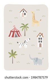 Cute Card With African Animals, Circus Tent, Houses, Palms. Elephant, Zebra, Giraffe.