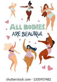 Cute card. All bodies are beautiful. Body positive movement and beauty diversity. Flat illustration. Transparent background