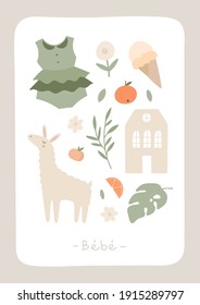 Cute card with alpaca, dress, house, leaf, flower, orange, peach. Invitation for baby shower, nursery poster, b-day invitation. Summer elements in flat doodle  vector style. Animal, nature, food