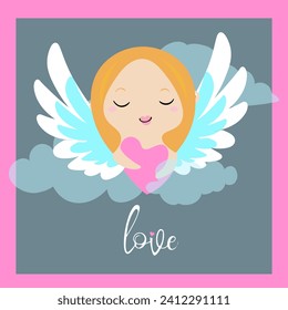 Cute card with angel and heart. Vector illustration in flat style