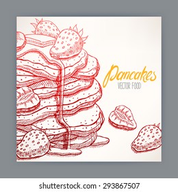 cute card of appetizing pancakes with strawberry and syrup. hand-drawn illustration