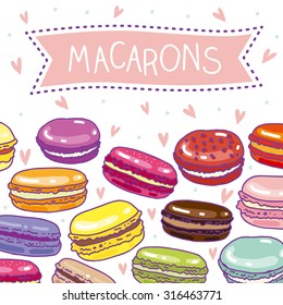  Cute card with assorted macarons pattern. Macaroon background