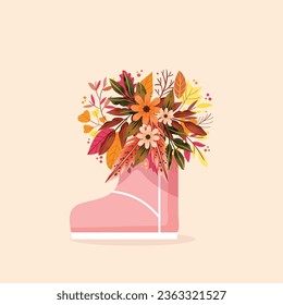 Cute card with autumn flowers in shoe. Vector illustration.