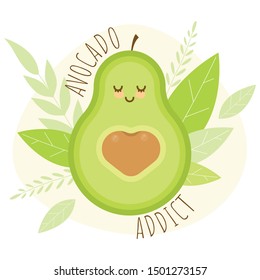 Cute card with avocado. Green concept for t-shirts with heart and leafs.