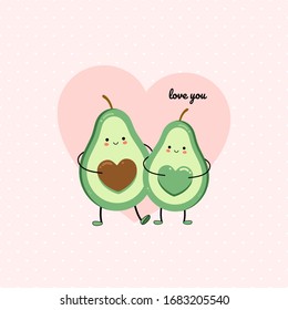 Cute card with avocado lovers. Avocado bones in the form of hearts. Friendship and love. Vector children's illustration on a white isolated background. Poster, postcard. Printing on clothes.