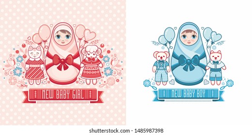 Cute card for babies. Delicate colors. Baby Shower greeting card with babies boy and girl. Matryoshka design. Newborn baby greeting card. Matryoshka. Russian souvenir for design. Kawaii girl and boy 