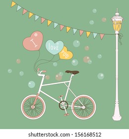 Cute card with balloons and bicycle. Great design greeting card for valentine's day. Eps 10