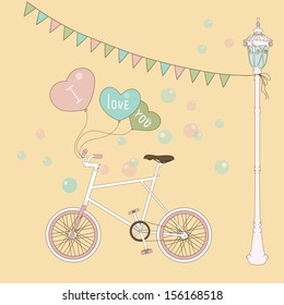 Cute card with balloons and bicycle. Great design greeting card for valentine's day. Eps 10