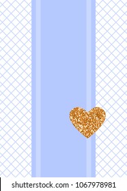 Cute card banner. Background with blue fishnet tights. Heart of gold glitter. Vector tepmlate design.