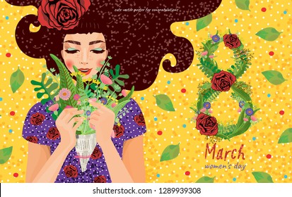 cute card, banner, poster for the holiday of women's day on March 8, vector illustration of a portrait of a beautiful girl with a bouquet of flowers
