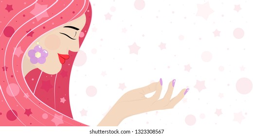 Cute card, banner, poster for the holiday of women's day on March 8, vector illustration of a portrait of a beautiful girl. Happy Mother's Day. Background. Wallpaper. EPS10 vector.