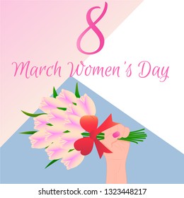 cute card, banner, poster for the holiday of women's day on March 8, vector illustration, female hand with bouquet of tulips. Happy Mother's Day. Background. Wallpaper. EPS10 vector.