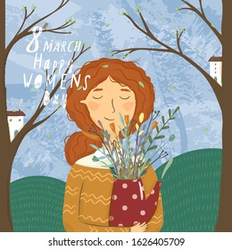 Cute card, banner, poster for the holiday of women's day on March 8, vector illustration of a portrait of a beautiful girl with a bouquet of flowers on nature