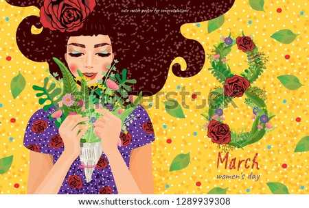 cute card, banner, poster for the holiday of women's day on March 8, vector illustration of a portrait of a beautiful girl with a bouquet of flowers