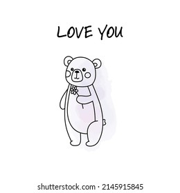 Cute card with a bear who gives a flower in the style of line art for mother's day
