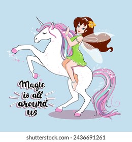 Linda tarjeta con hermosa hada de dibujos animados y unicornio. Ilustración vectorial para niños. Letras mágicas está a nuestro alrededor