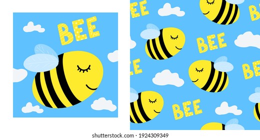 Cute card with bee and lettering BEE mine for Valentines day. Cartoon style. Vector illustration