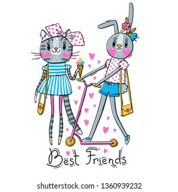 Cute card with best friends. Baby kitten and bunny in fashionable clothes. Can be used for t-shirt print, kids wear design. Vector illustration.