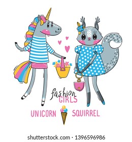 Cute card with best friends. Baby squirrel and rainbow unicorn in fashionable clothes. Can be used for t-shirt print, kids wear design. Vector illustration.