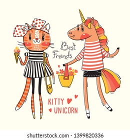 Cute card with best friends. Baby kitten and rainbow unicorn in fashionable clothes. Can be used for t-shirt print, kids wear design. Vector illustration