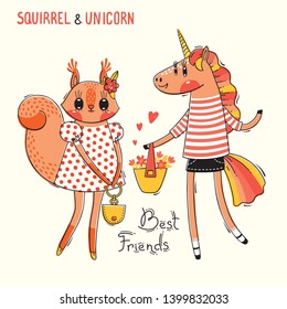 Cute card with best friends. Baby squirrel and rainbow unicorn in fashionable clothes. Can be used for t-shirt print, kids wear design. Vector illustration.